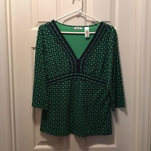 Liz &Co. navy and green 3/4 sleeve top Sz XL